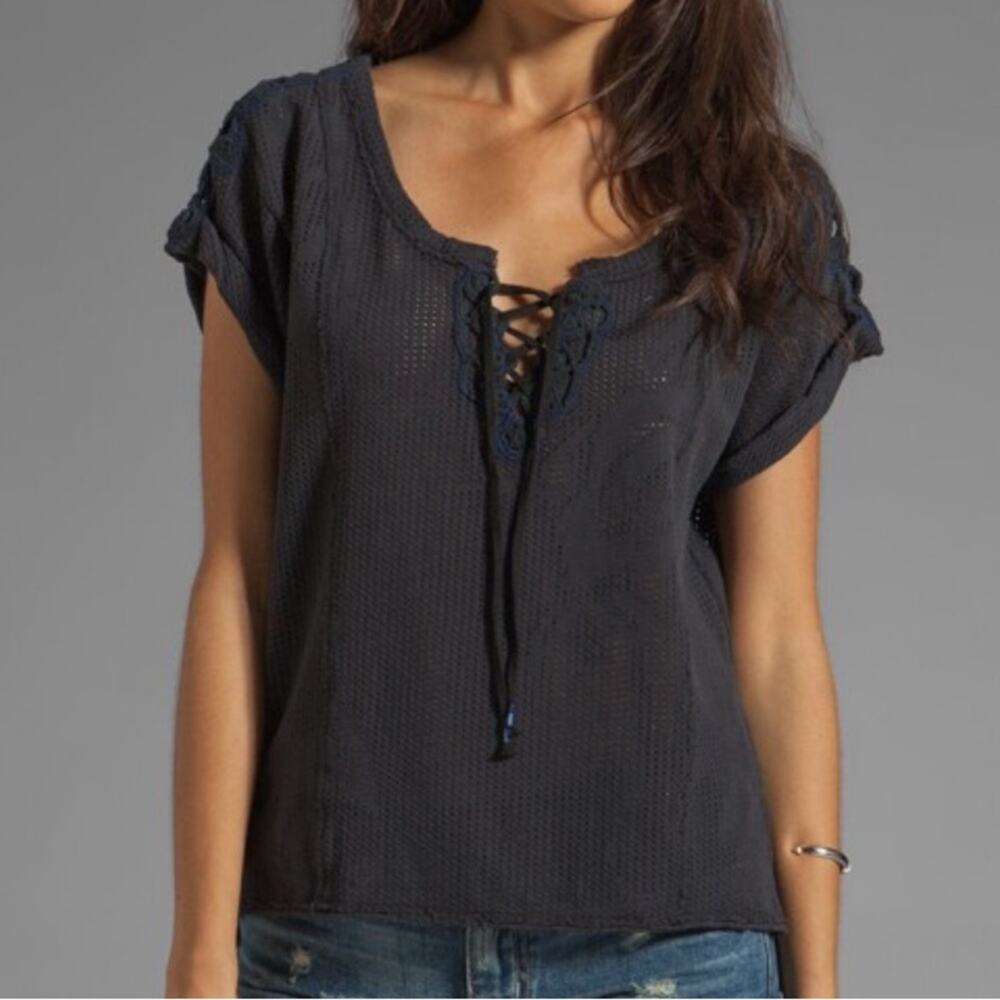 Free People Charcoal Grey Strawberry Fields Crochet Lace Up T-shirt Size XS
